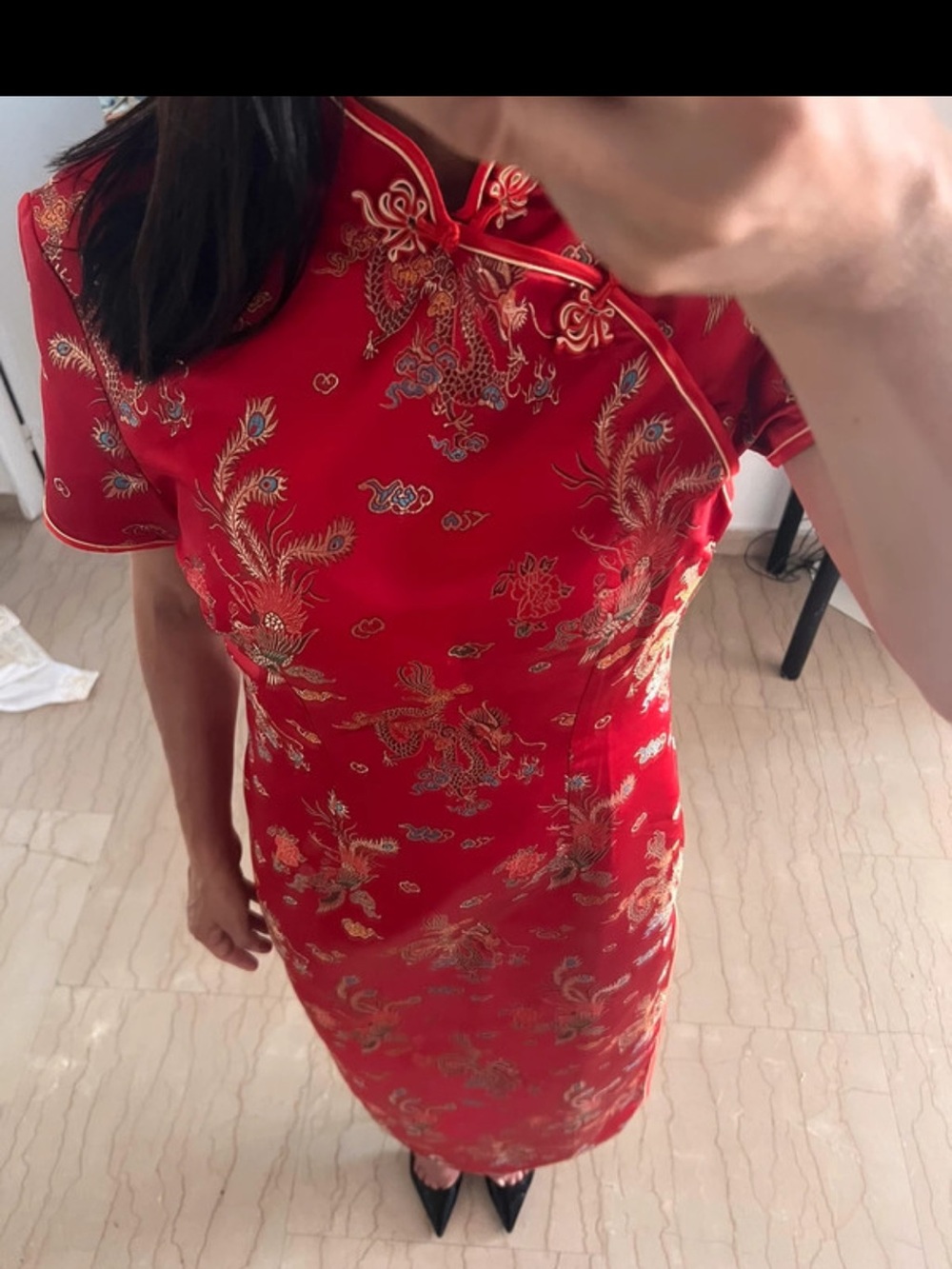 Red Floral Satin Midi Cheongsam Dress